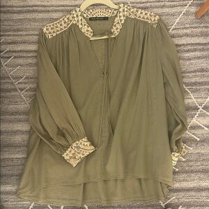 Elegant Olive Blouse with Geometric Accents